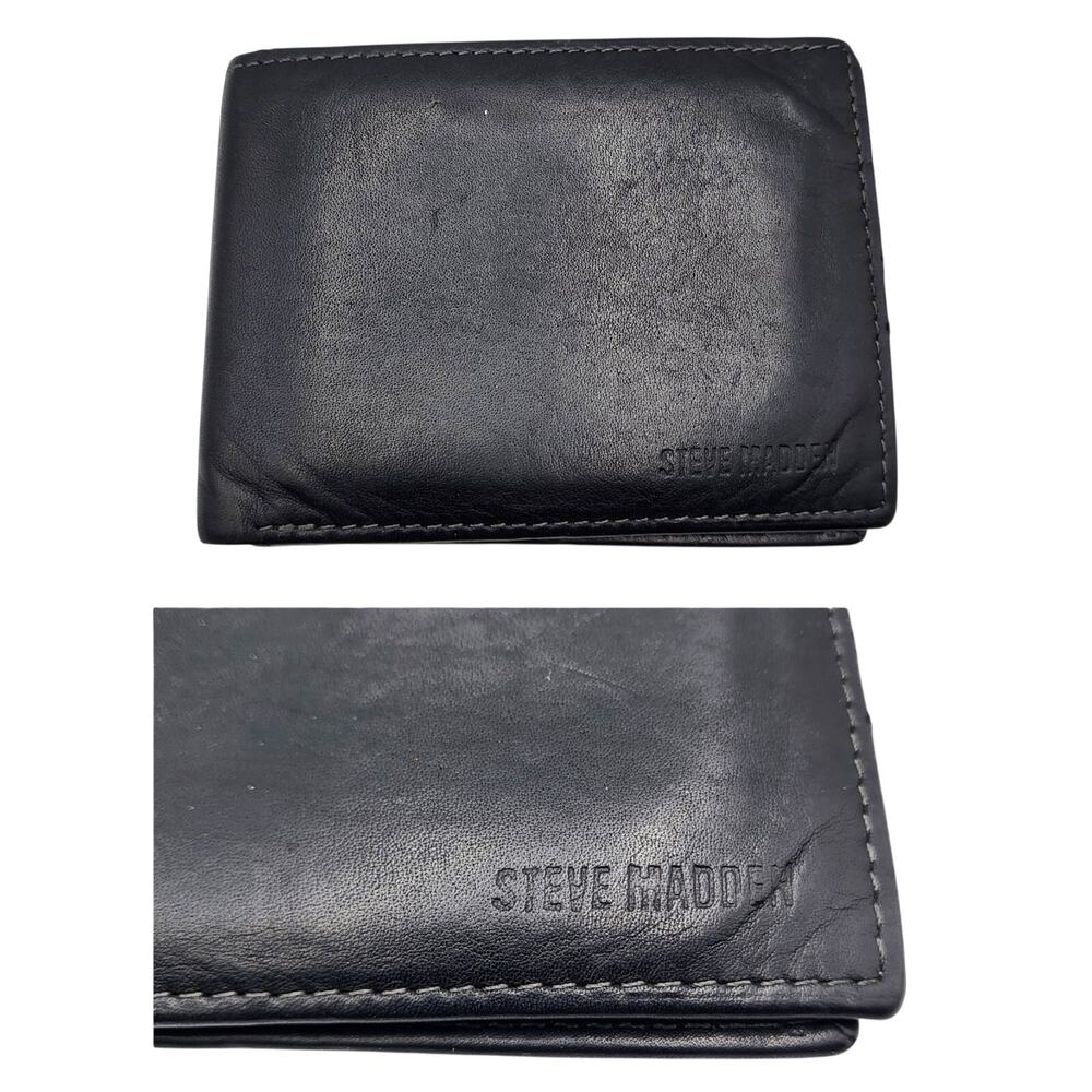 Steve Madden Black Genuine Leather Classic Men's Billfold Wallet Stitched Detail